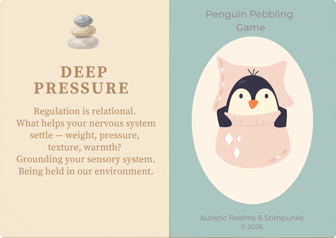 Deep Pressure locution description card. Cream left panel with DEEP PRESSURE heading. Sage green right panel with a penguin nestled cosily inside a large pink cushion.
