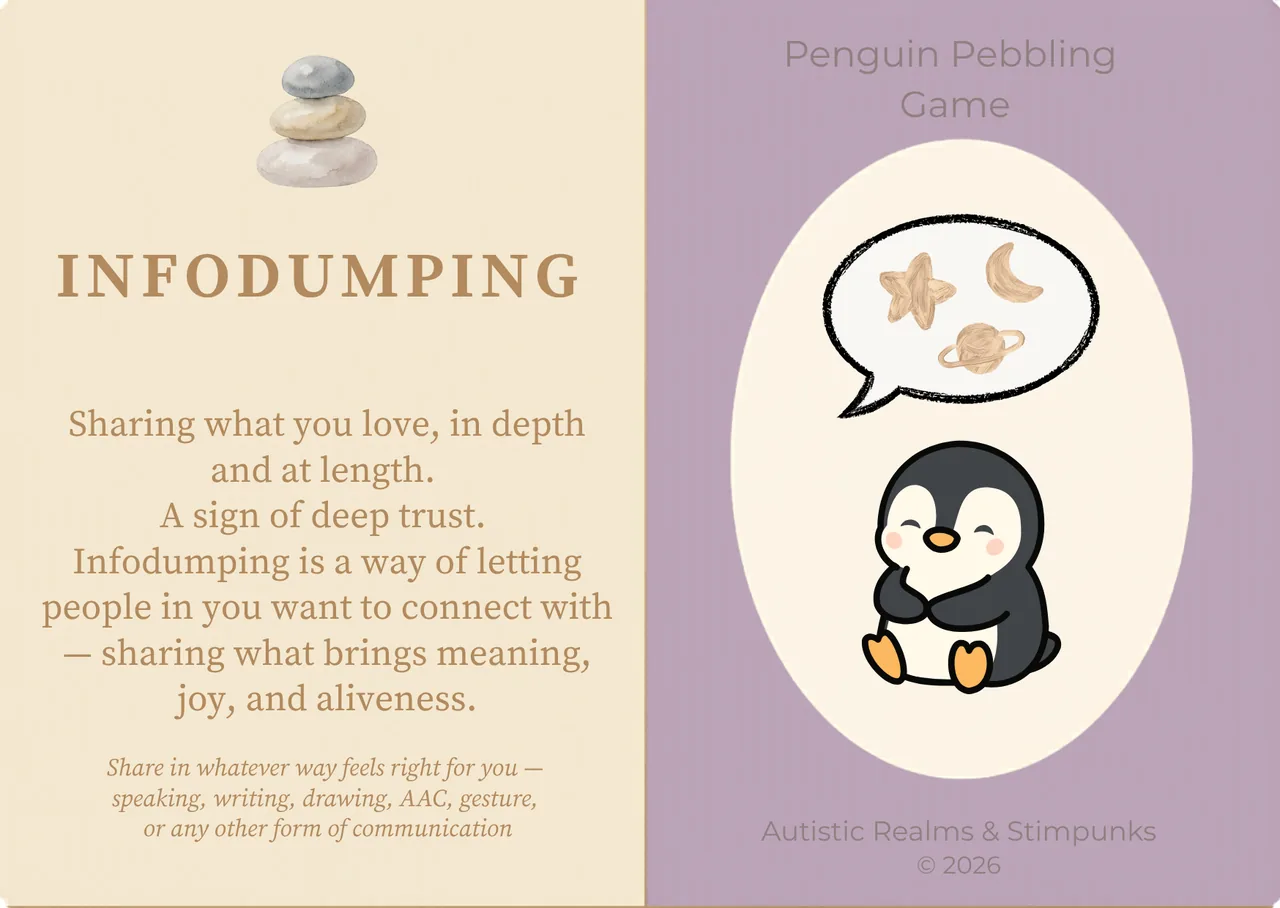 Infodumping locution description card. Cream left panel with INFODUMPING heading. Purple right panel with a smiling penguin and a speech bubble showing star, crescent and planet shapes.