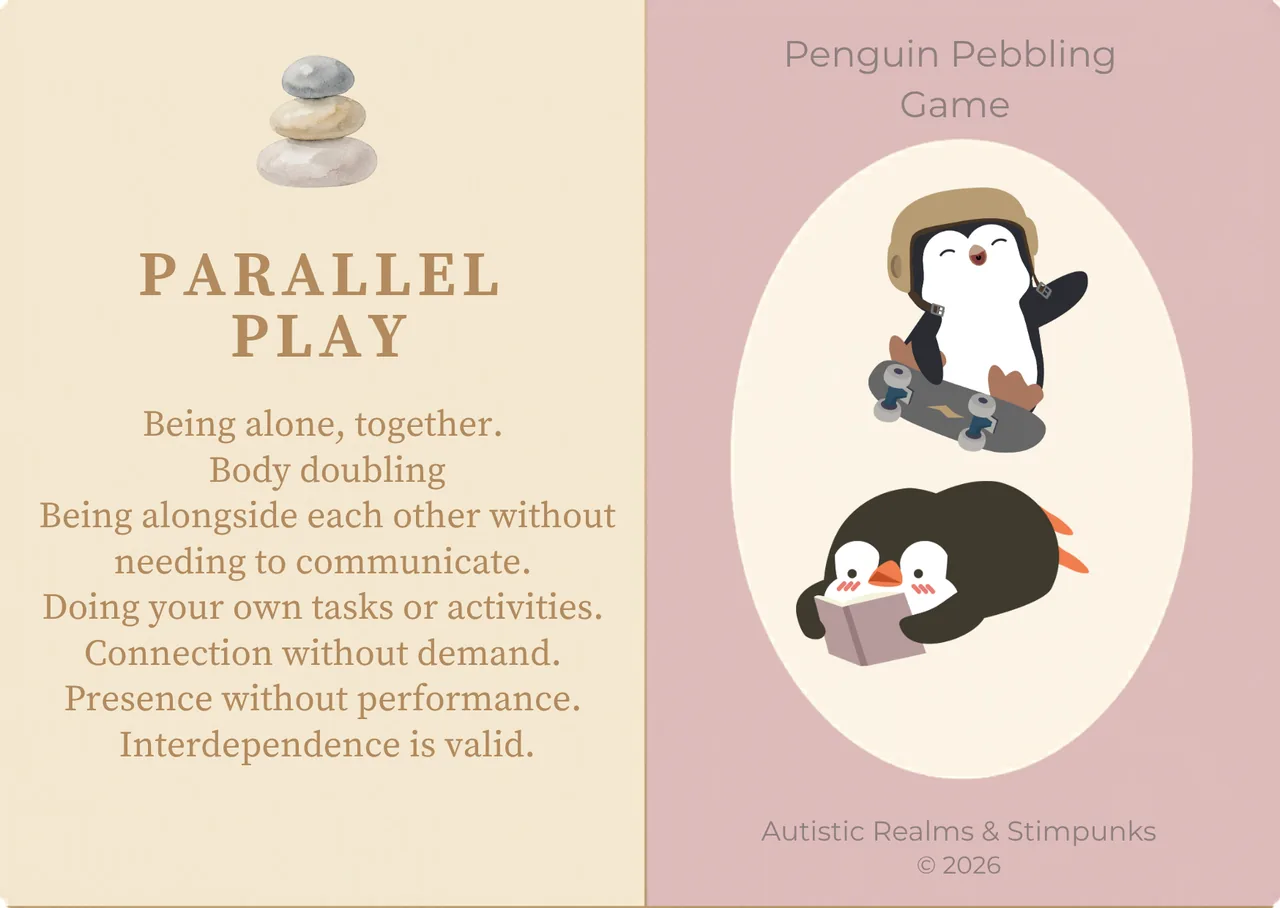 Parallel Play locution description card. Cream left panel with PARALLEL PLAY heading. Dusty rose right panel with two penguins doing separate activities — one skateboarding, one lying down reading.