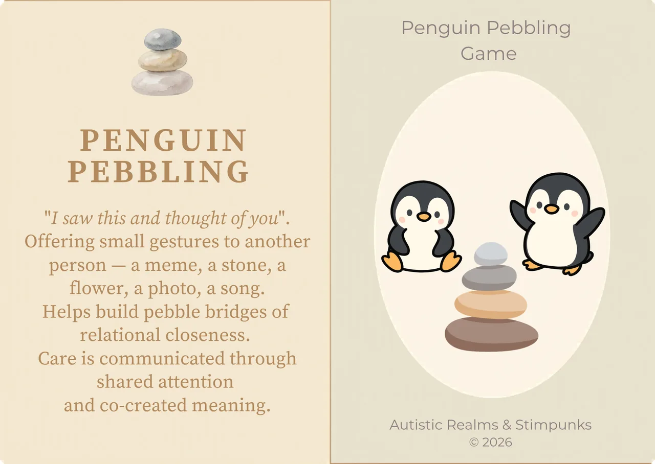 Penguin Pebbling locution description card. Cream left panel with PENGUIN PEBBLING heading. Warm sand right panel with two penguins facing each other across a stack of smooth balanced pebbles.