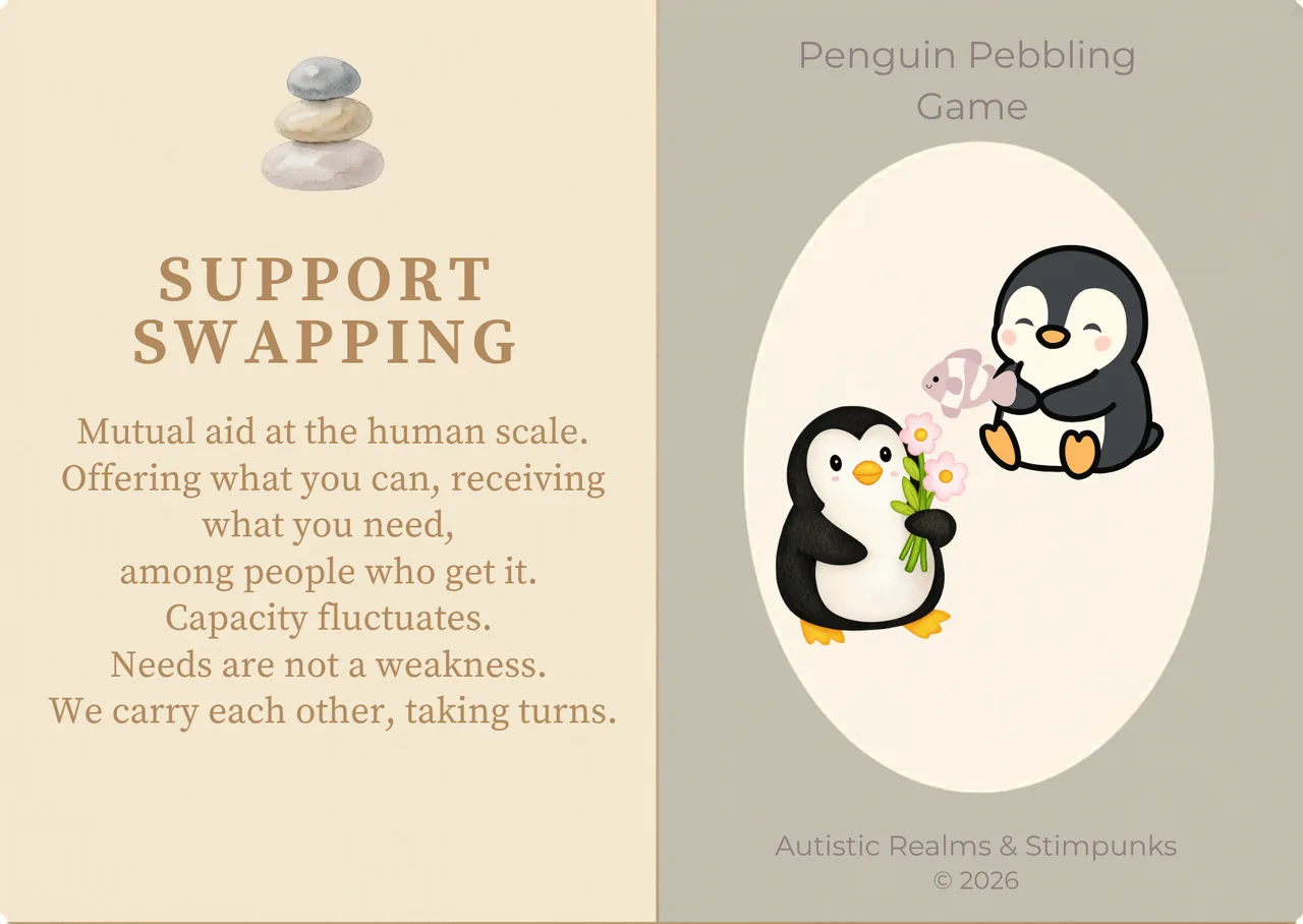Support Swapping locution description card. Cream left panel with SUPPORT SWAPPING heading. Taupe right panel with two penguins — one offering flowers to the other.